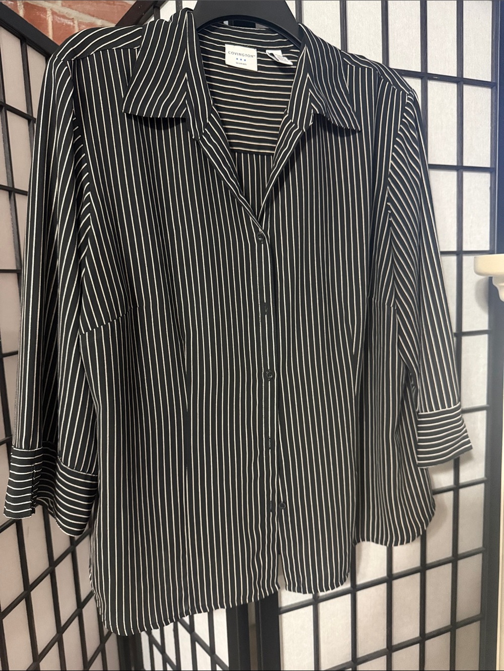 Covington Black and Cream Vertical Pinstriped Button-Down Flowy Shirt